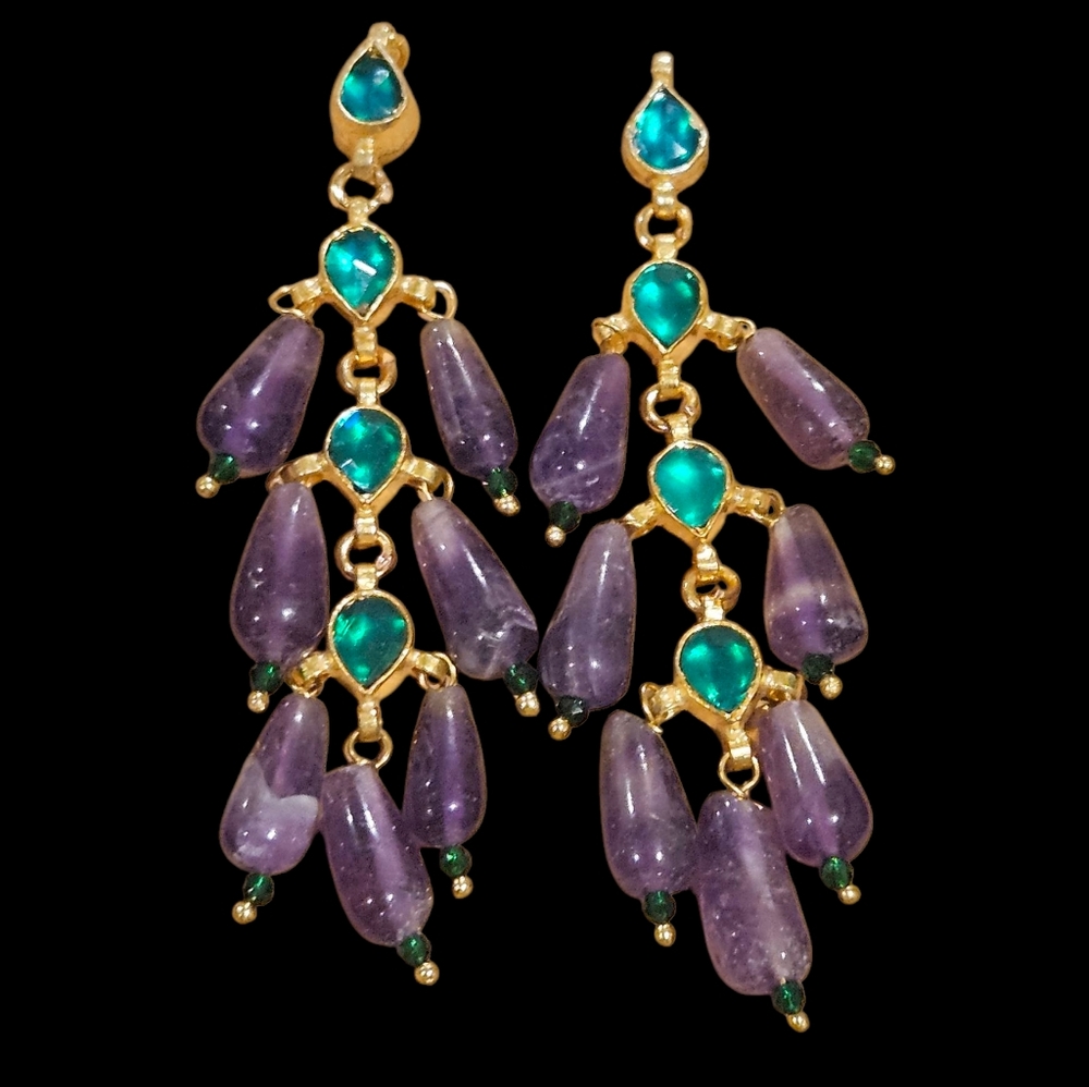 NWT - Gold and Purple Chandelier Earrings with Teardrop Design
